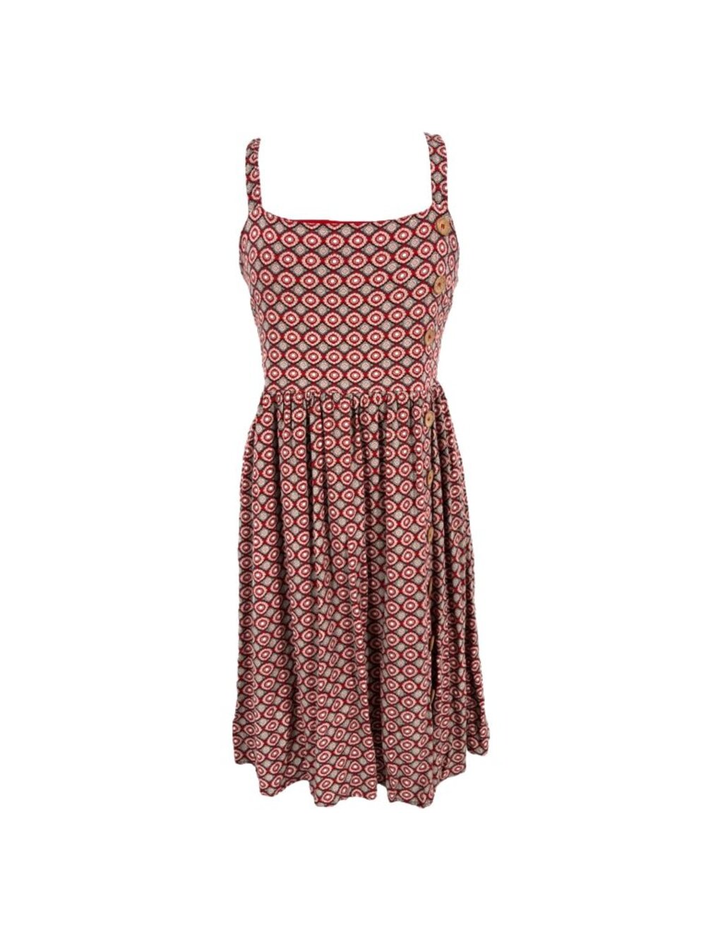 Superfoxx Retro 70s Boho Geo Print Midi Sundress Side Button A-Line Red Large